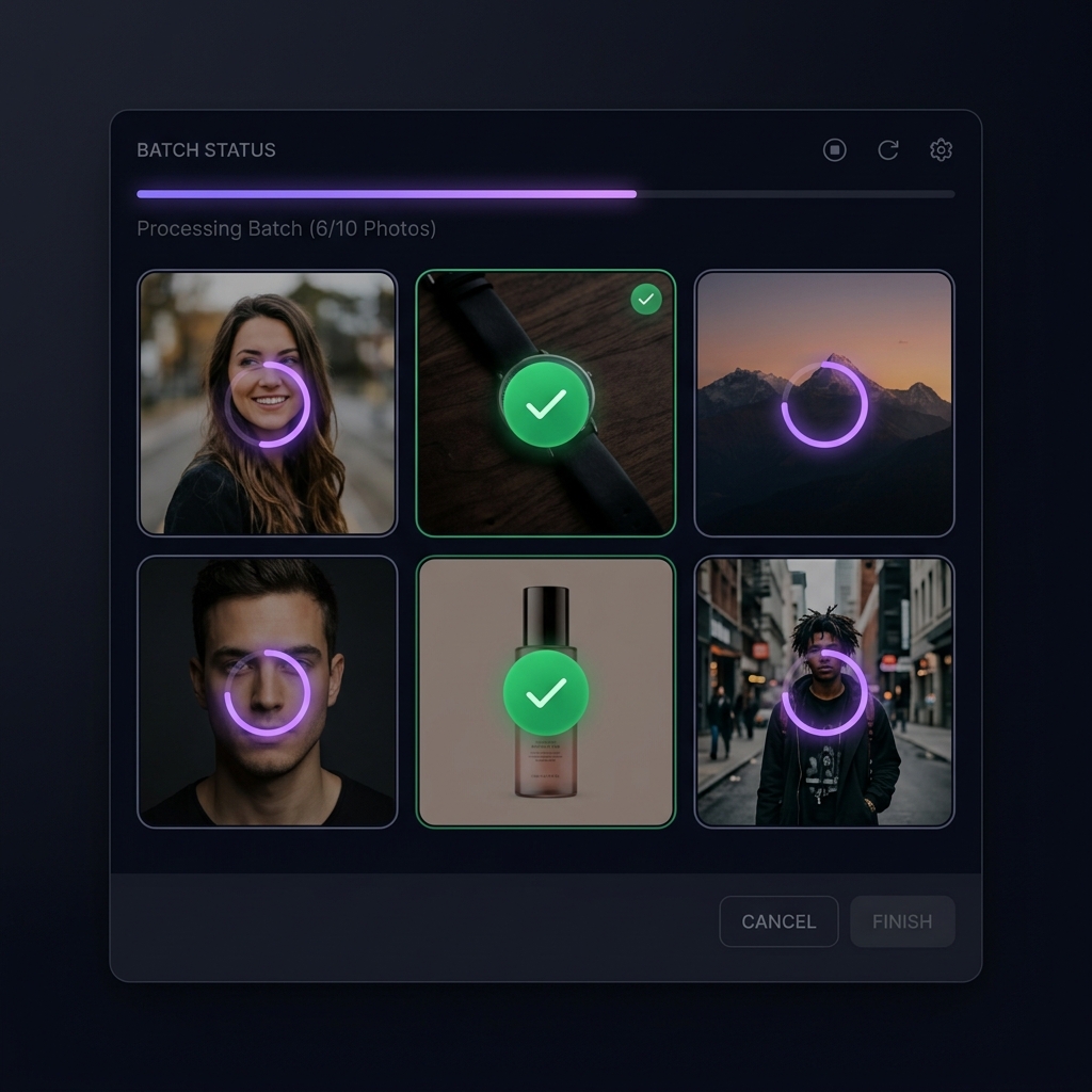 Grid of thumbnail photos being processed simultaneously with AI batch editing