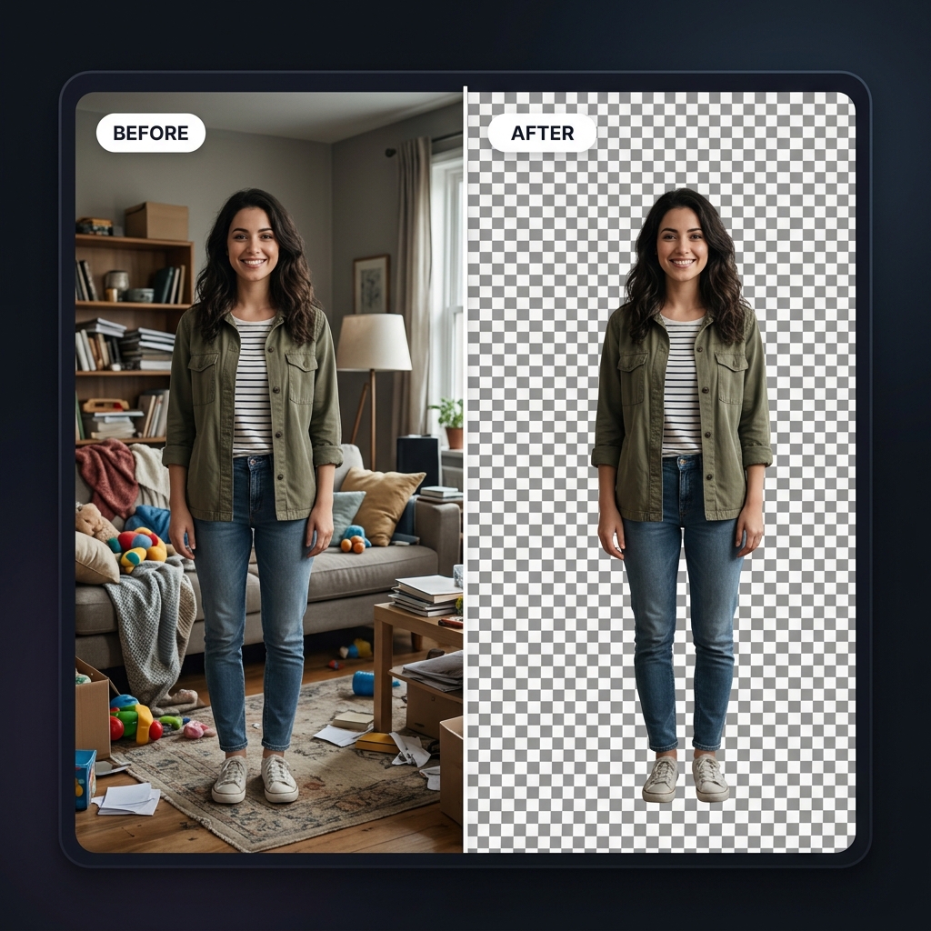Before and after: woman with cluttered background on the left, cleanly cut out against transparent checkerboard on the right