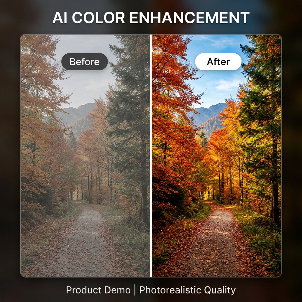 Before and after color enhancement: flat desaturated landscape becoming vibrant with cinematic tones