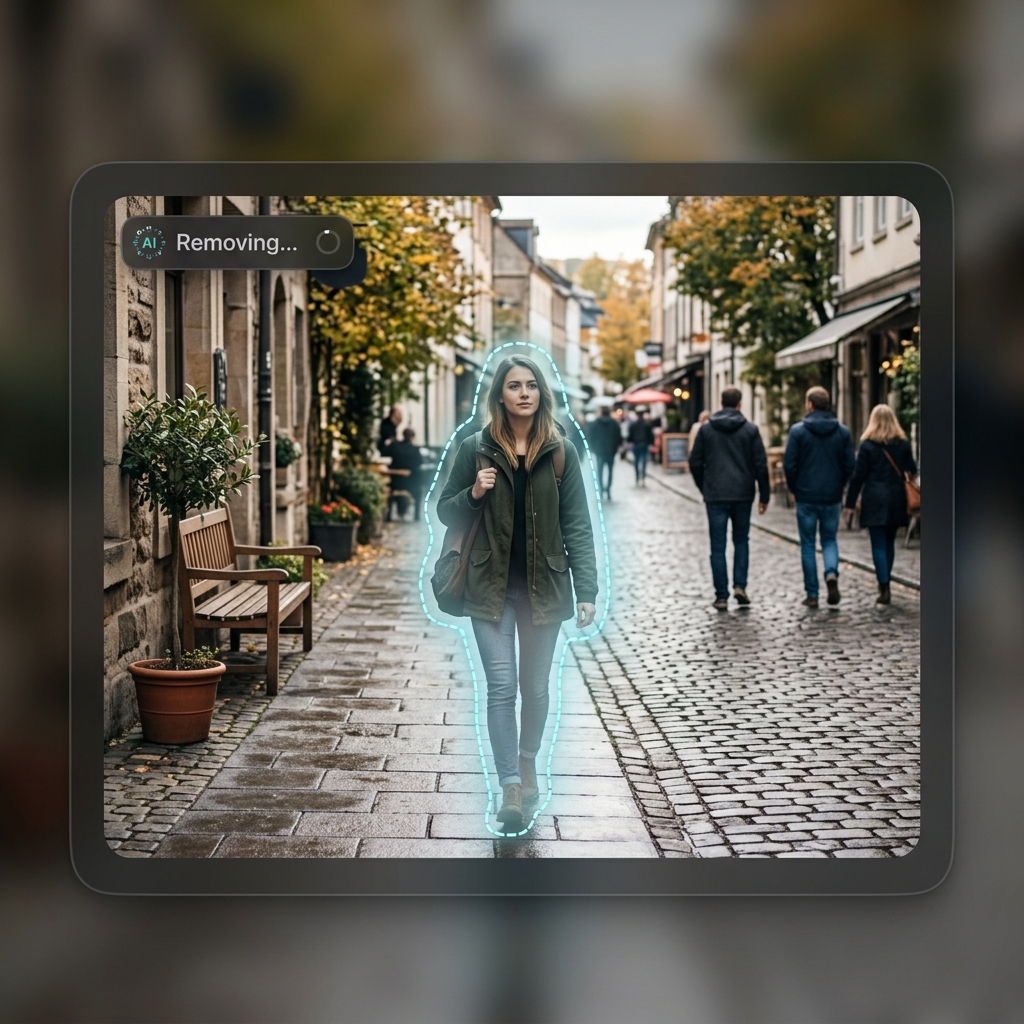 Outdoor photo with a person being erased mid-process, background seamlessly filling in
