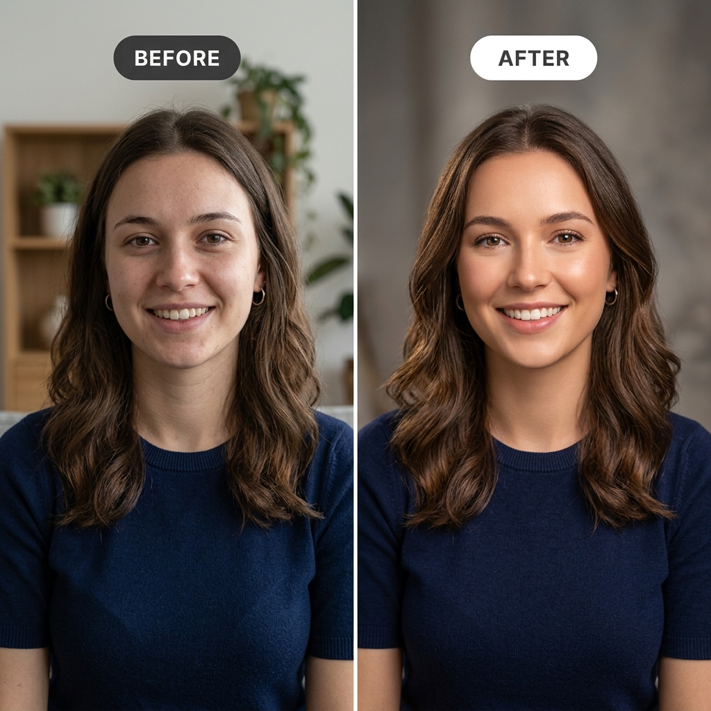 Side-by-side portrait comparison showing improved lighting and skin tone after AI enhancement