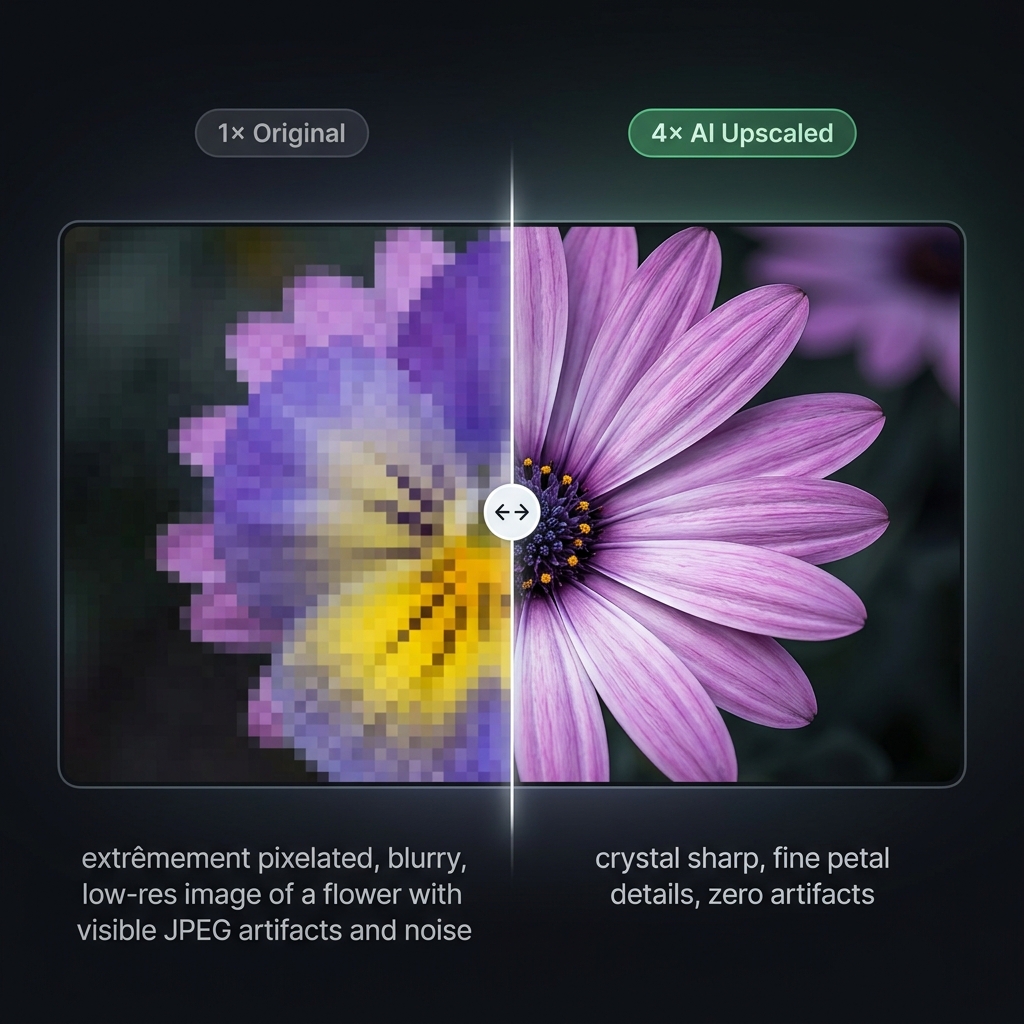 Zoomed crop comparison: blurry pixelated image on the left versus crystal-sharp AI-upscaled version on the right